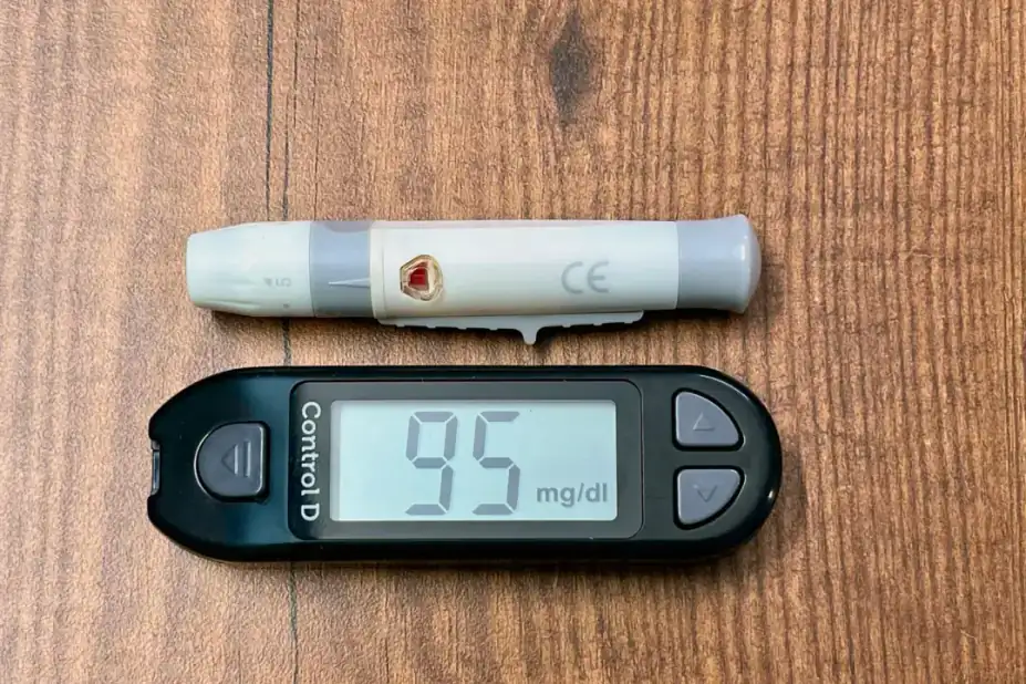 What raises a single reading: Close-up of a glucometer reading 95 mg/dl with a lancing device, ideal for diabetes and healthcare imagery.