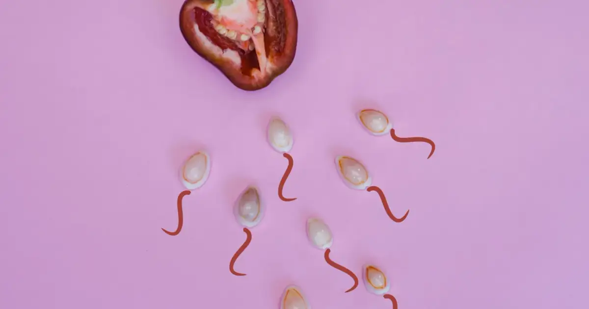 Artistic representation of fertility with seeds resembling sperm and a red pepper on pink background.