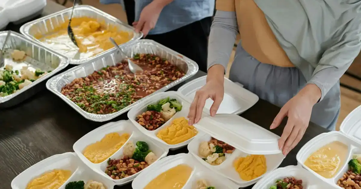 Preparing various lunch boxes with vegetables, beans, and hummus for meal distribution.