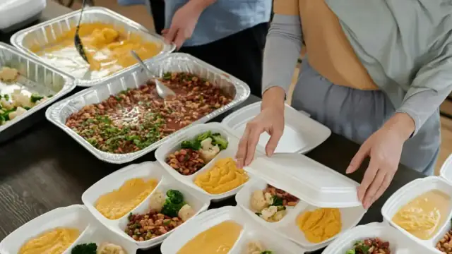 Preparing various lunch boxes with vegetables, beans, and hummus for meal distribution.